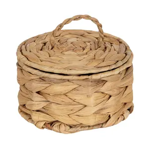 Home Decor Collection Design Ovation 3.5” x 6” Round Trinket Box with Lid in Water Hyacinth Natural Material