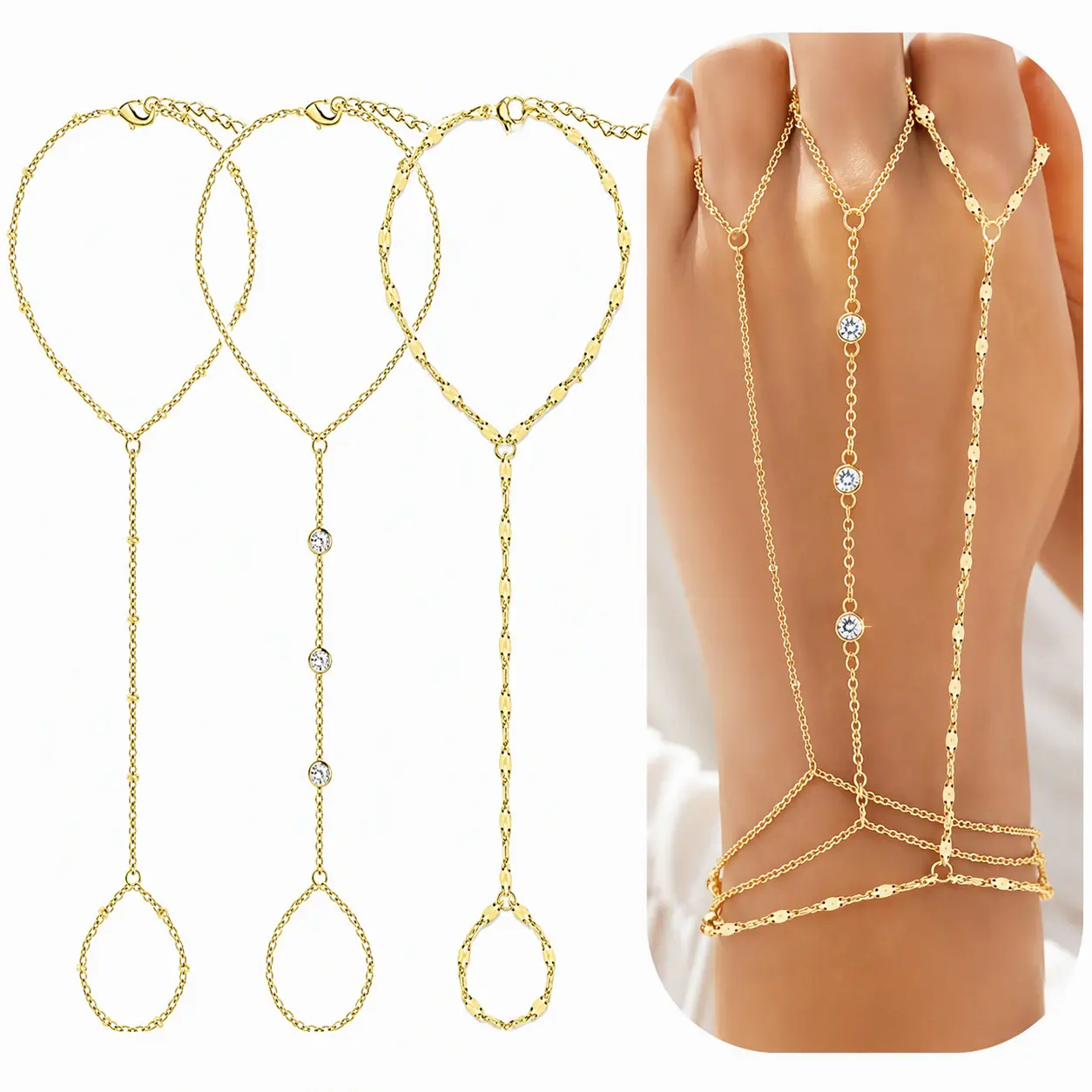3 Pcs Gold Hand Chain Bracelets for Women, Dainty Gold Plated Ring Bracelet Hand Chain, Stackable Design Layered Bracelet Set Beaded Cubic Zirconia Bracelet Stack Jewelry Gifts Jewelry Accessories, Stacked Design Bracelets