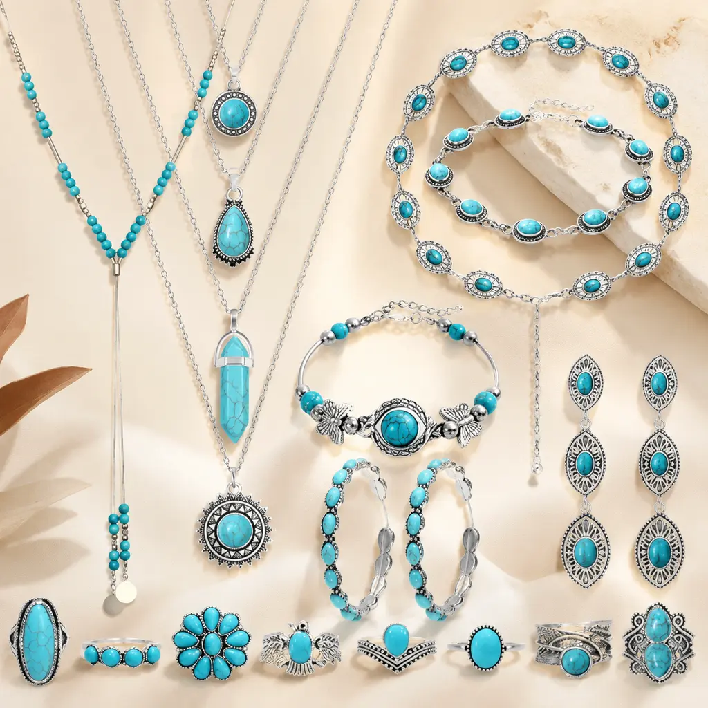 Women's Turquoise 20-Piece Electroplated Artistic Leaf Motif Bracelet Base Multi-Piece Jewelry Set, Elegant Versatile for Daily Wear, Party