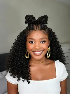 13*4 Lace Frontal Wig, Pre Braided Wigs for Women, Knotless Design Natural Hair Pony Bun Lace Wig for Daily Use, Glueless Attachment Hand Braided Deep Wave Texture Synthetic Curly Wig