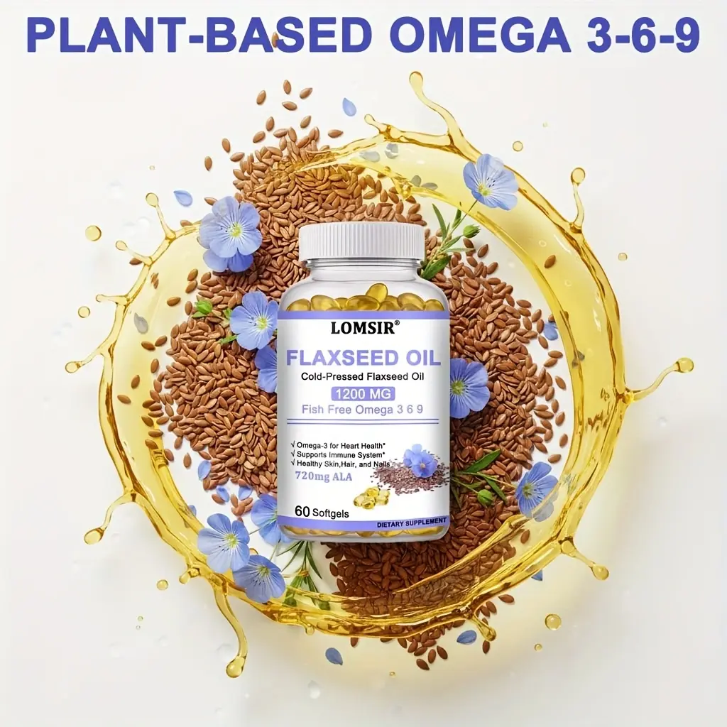 Flaxseed Oil 1200 mg, Fish Free Omega 3 6 9 with 720mg ALA, Cold Pressed Flaxseed Oil Supplement for Heart Health Support - 60 Softgels
