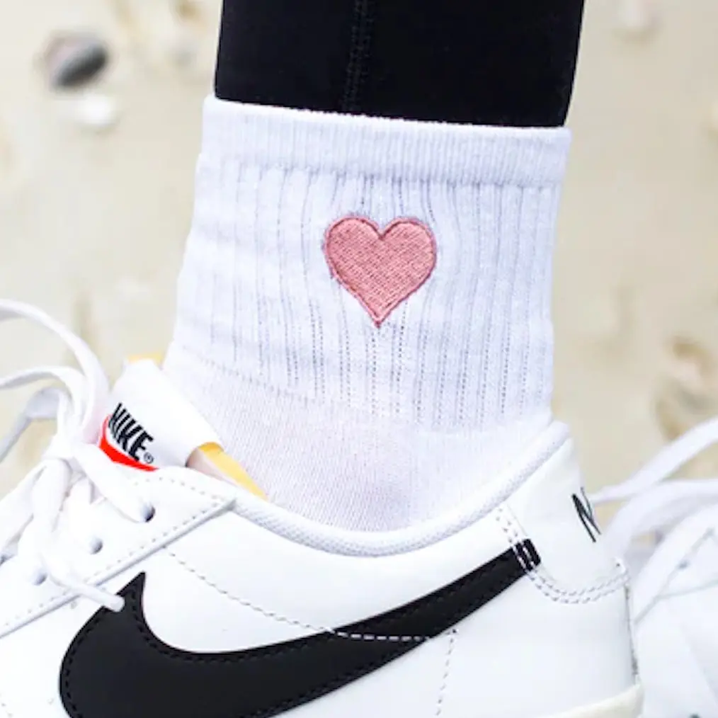 Women's Embroidered Heart Crew Socks, "Feelings in My Footsteps" Design for Ladies, Girls - Everyday Fit Comfortable Underwear Socks
