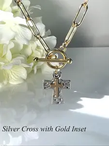 1pc Gold/Sliver Cross Pendant Necklace For Women Hammered Mixed Metal Cross Necklace Chunky Cross Necklace Toggle Clasp Paperclip Chain Dainty Charm Necklace For Women Fashion Religious Simple Jewelry Gift