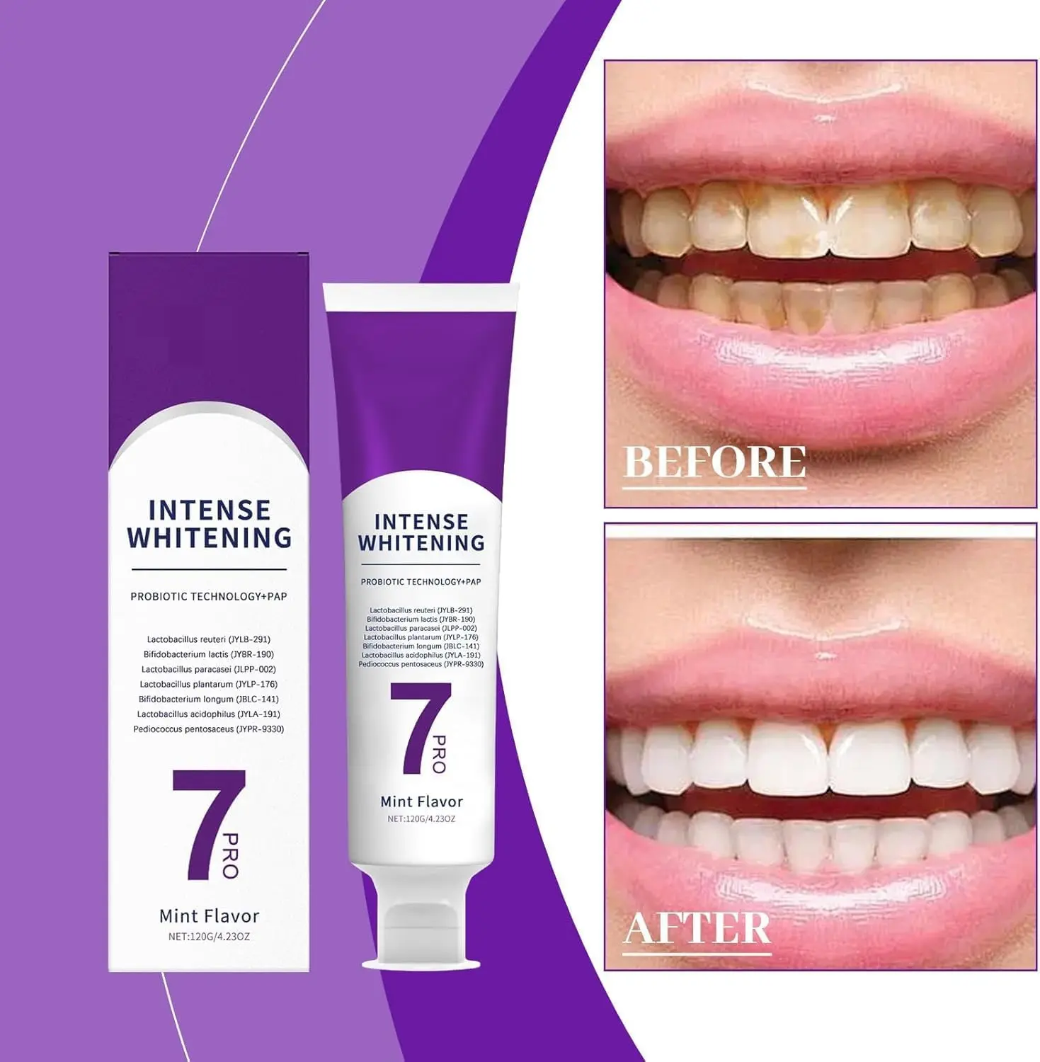 1Pack 7 PRO Toothpaste Whitening, Intense Teeth Whitening Toothpaste for Adults | Fluoride-Free | Sensitivity Safe | Purple Beads | Fresh Breath | Help Remove Tea & Coffee Stains | Mint Flavor