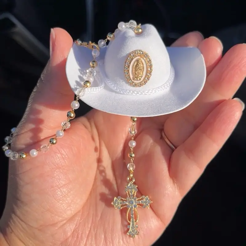 Virgin Mary Car Blessing Charm - Handmade Protection Gift Decoration with White Sombrero, Cross Pendant, Car Accessories , Gold crystal pearl beaded chain