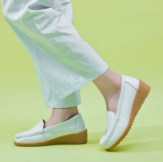 Women's White Genuine Leather Wedge Loafers Slip On Moc Toe Stitch Detail Soft Cushion Insole Anti-Slip Gum Wedge Outsole Comfort Nurse Walking Office Shoes