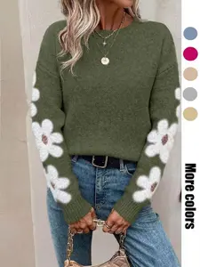 Autumn Winter New Loose Round Neck Floral Pattern Design Long Sleeve Pullover Women's Sweater Elegant Casual Knit Top（gift） Fit Knitwear