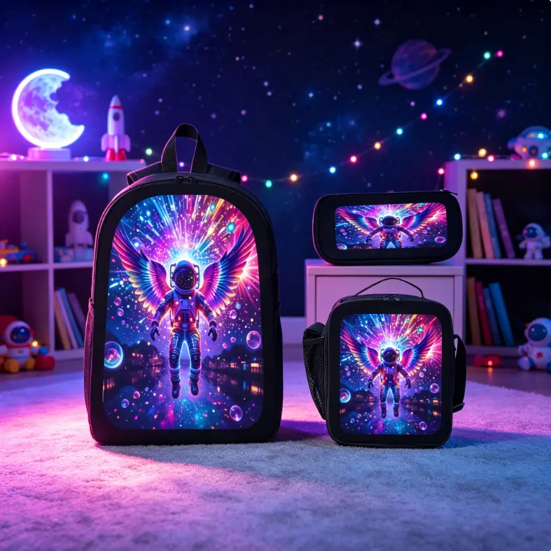 Kids' 3-Piece Astronaut & Space-Themed Backpack Set - Dazzling Winged Astronaut Galaxy Print, Extra-Large Capacity, Lightweight, Zipper-Equipped - Ideal Back-to-School Gift for Elementary Students