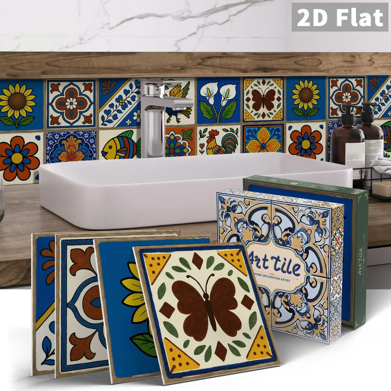 10Pcs/Box GST Mexican Folk Art Floral Square PE Crystal Foam Decorative Tile Stickers Waterproof Oil-Proof Anti-Collision Home Decor for Kitchen Bathroom Ceiling Tiles Old Wooden Boards