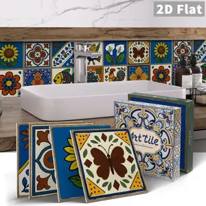 10Pcs/Box GST Mexican Folk Art Floral Square PE Crystal Foam Decorative Tile Stickers Waterproof Oil-Proof Anti-Collision Home Decor for Kitchen Bathroom Ceiling Tiles Old Wooden Boards