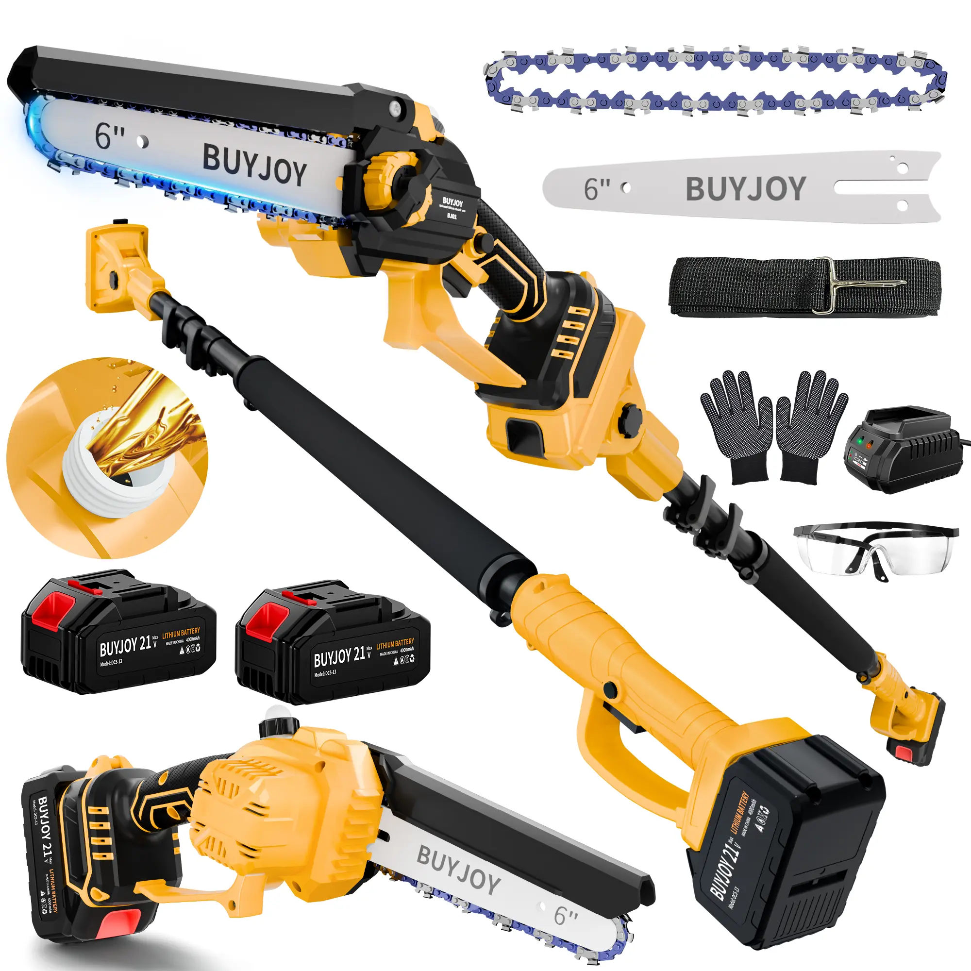 2-in-1 Electric Pole Saws for Tree Trimming, 6 Inch Mini Chainsaw Cordless with Extension Pole, 2 x 4000mAh Batteries,Battery Powered Pole Chain Saw, Tree Trimmer Limb Branch Cutter Pruner