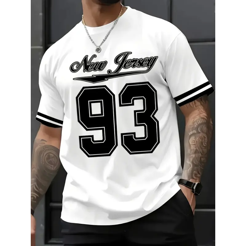 Men's 93 Graphic Print T-Shirt - Menswear Sports Top with Round Neck, Short Sleeve Stretch Polyester Fabric, Casual for Summer Sports & Parties, Teen-Friendly