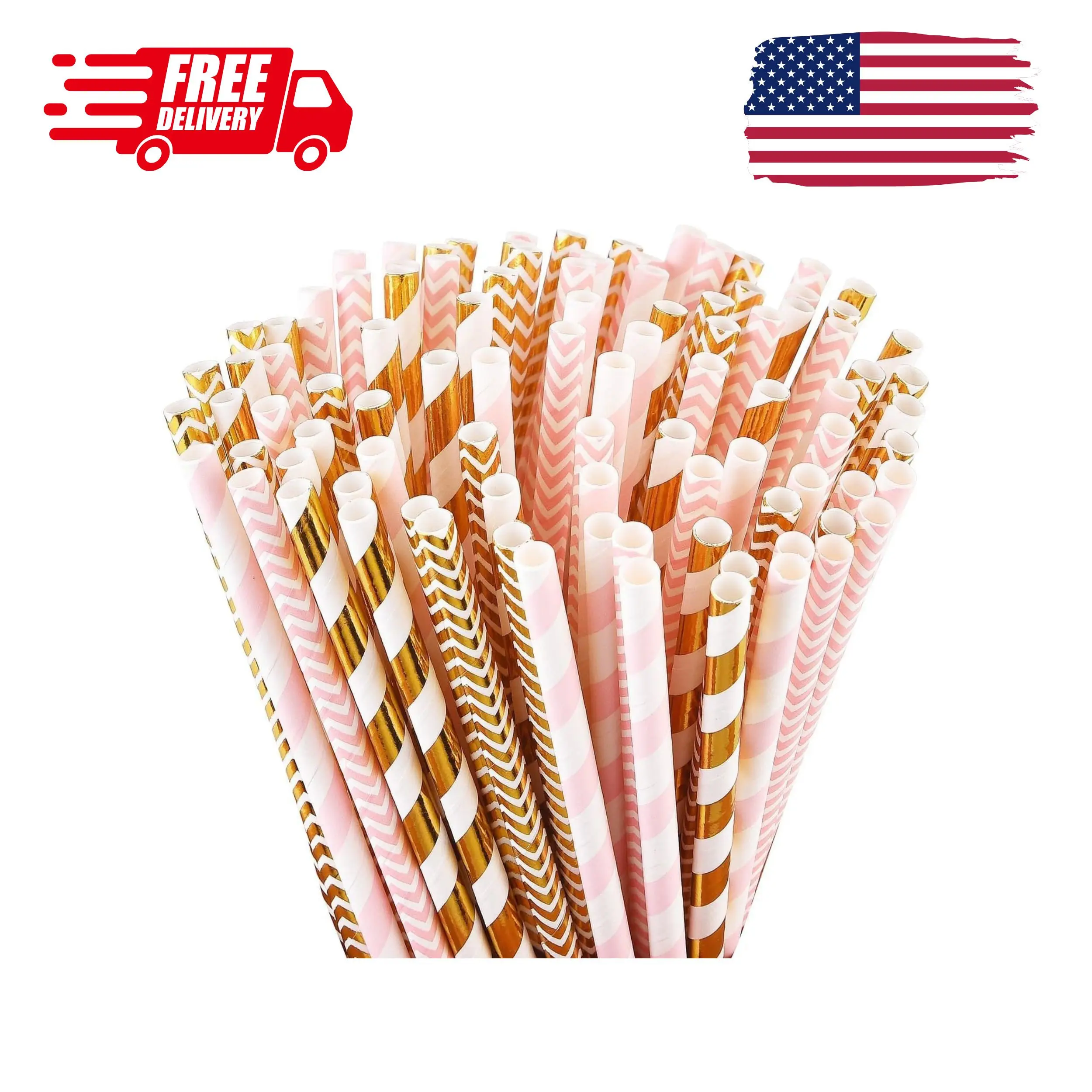 Biodegradable Paper Straws, 100 Pink and Gold Straws