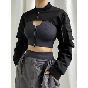 Women's Solid Pocket Zipper Mock Neck Long Sleeve Crop Jacket, Coats, Designer Lady Jacket for Women, Everyday Street Casual Outerwear, Summer Jackets for Women, Women's Clothing for Spring & Fall, Womenswear, Tops