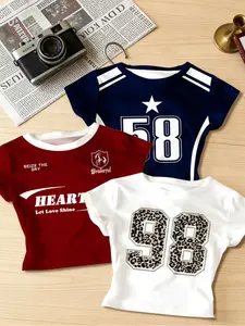 3-piece girls' fashionable round neck printed short sleeved base top, comfortable to wear for sports and leisure travel, simple, breathable and clean, girls' clothing, Graphic Tee, Heart Print Tee, Fashion Tees