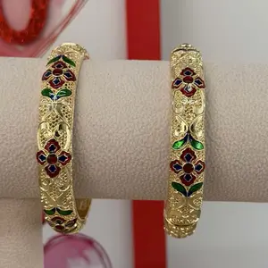 (B18)14K Gold Plated Enamel Floral Bangle Bracelets with Intricate Design and Vibrant Colors ( 1 bracelet)
