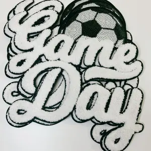 11” GAME DAY Soccer sequins and Chenille Patch in White & Black 11"w