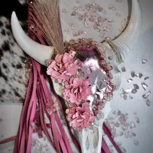 Pink Rose Mini Longhorn Skull Wall Hanging + Western Cowboy Home Decor