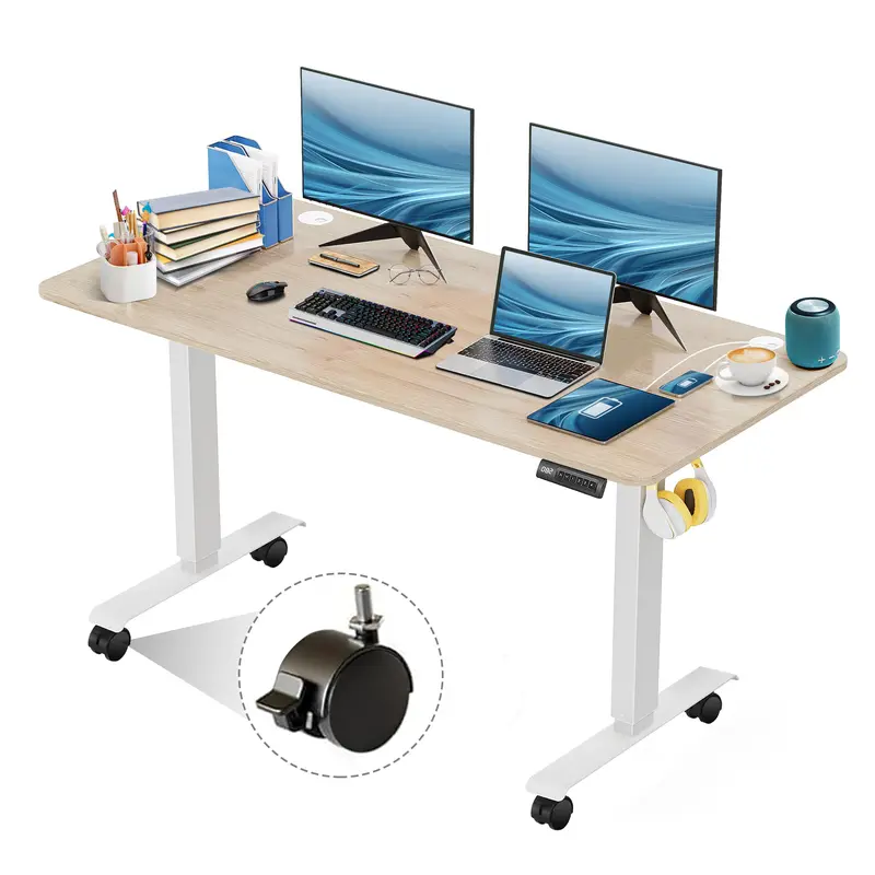 Sturdy Adjustable Electric Standing Desk & Workstation - Home Office Furniture with Dual Wheels, 48/55/63/70.8in Rectangular Top, Aluminum-Steel Frame, 27-45in Height Range, Anti-Collision Function, Assembly Required, Desk for Bedroom