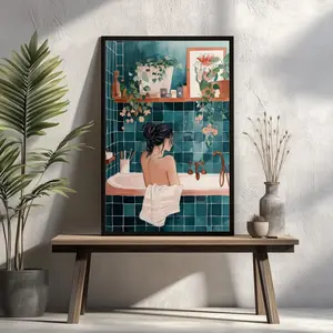 Spa Bathroom Decor, Elegant Minimalist Artwork Gift, Maximalist Woman in Bathtub Wall Art - Relaxing Bath Print, Self-care Poster, Unframed, Room Decor