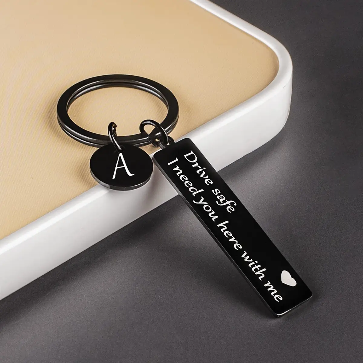 Personalized Stainless Steel Drive Safe Initial Keychain - Lettered Romance Theme Keychain with Personalized Message, Ideal Birthday, 1-Year Anniversary Gifts for Boyfriends, Husbands, Initial Keychains