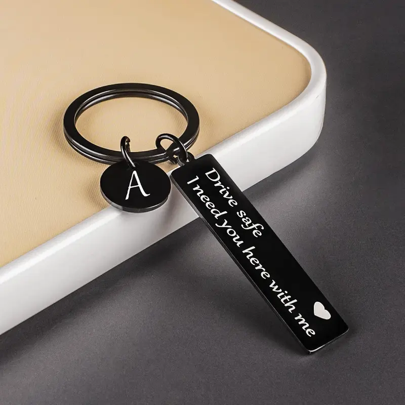 Personalized Stainless Steel Drive Safe Initial Keychain - Lettered Romance Theme Keychain with Personalized Message, Ideal Birthday, 1-Year Anniversary Gifts for Boyfriends, Husbands, Initial Keychains