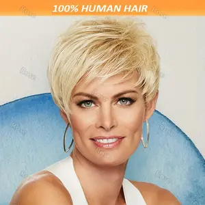 New Wholesale Hot Elegant 613 Blonde Pixie Cut Human Hair Wig - 180% Density Brazilian Remy Hair, Short Straight with Bangs, 6 Inch Rose Net Cap, Machine-Made for Daily Wear & Cosplay (Women of All Ethnicities), Short Hair Wig