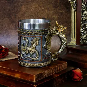 Medieval Dungeons and Dragons Coffee mug - 15.8oz Stainless Gold Roaring Dragon Beer Drink Mug for GOT Dragon Lovers Collector Ideal Novelty Gothic Father Day Gift Party Decoration