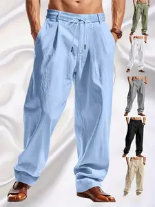 Men's lightweight linen straight-leg pants - Elastic drawstring belt and decorative button design, breathable and suitable for all seasons, ideal for outdoor running, hiking, beach and party outfits - Comfortable loose H-shaped cut, machine washable, vaca
