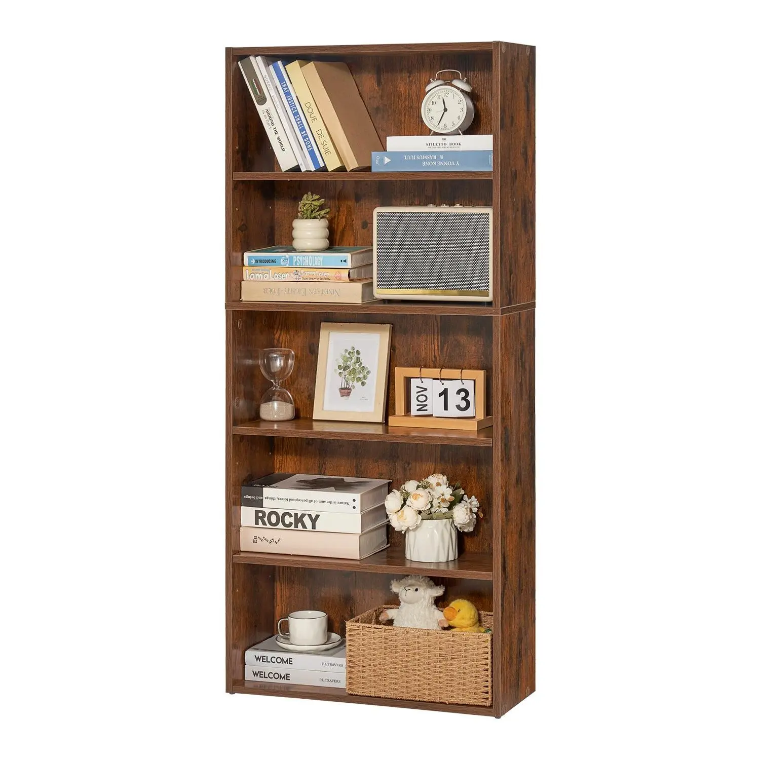 【Summerfinds】VEVOR 5-Tier Narrow Particleboard Open Bookcase (GS5-Z), 23.5x9.3x53.0in Stable Sturdy Freestanding Unit, 5 Compartments, Adjustable Shelves, Anti-Tip Kit, Labeled Screws, Floor Pins, 10-15kg Capacity, Bedroom Storage (Assembly Required)