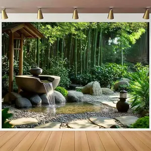 1pc Japanese Garden Backdrop - Bamboo, Pebble Stream, Waterfall, Stone-like Pebbles, Garden Accessories - All-Season Indoor Zen Accent, Backyard Decor, Wedding Ornament
