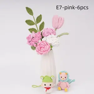 4/6PCS Handmade Crochet Carnation Bouquet for Mom,Pink/Purple/Yellow Flowers,Tulip,Rose,Hydrangea,Home Desk Decor,Gifts For Her