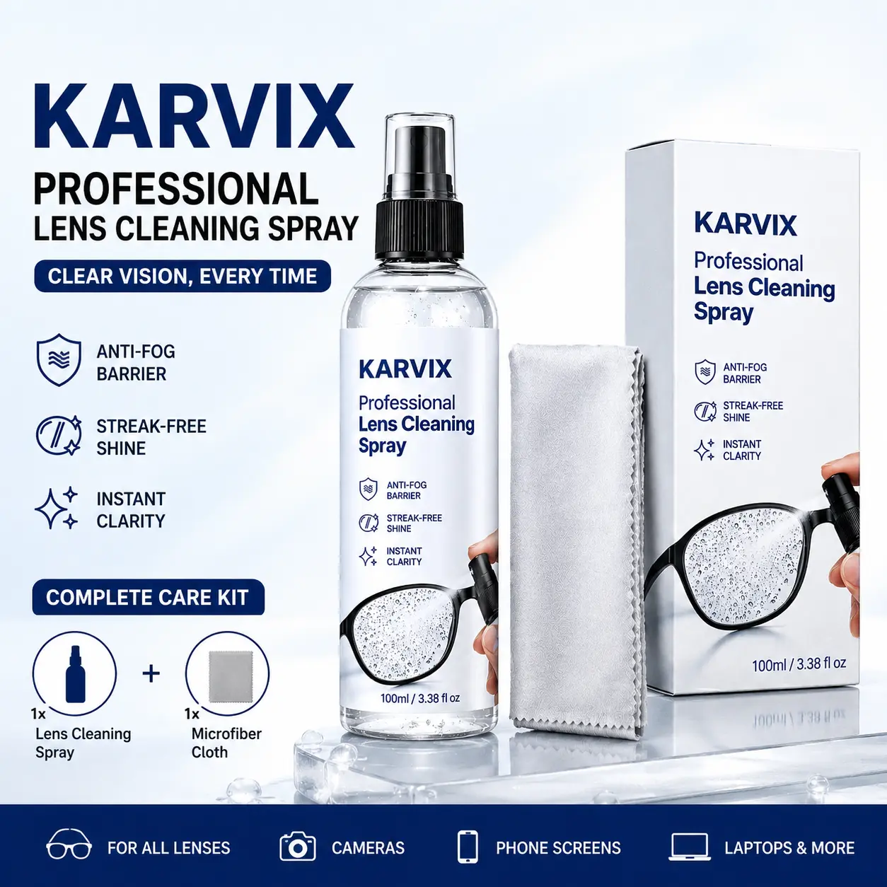 Lens Cleaner Spray Kit with Microfiber Cleaning Cloth for Eyeglasses Camera Screens Streak-Free Anti Fog Barrier Alcohol Free for Clear Vision 100ml  active  cleaner