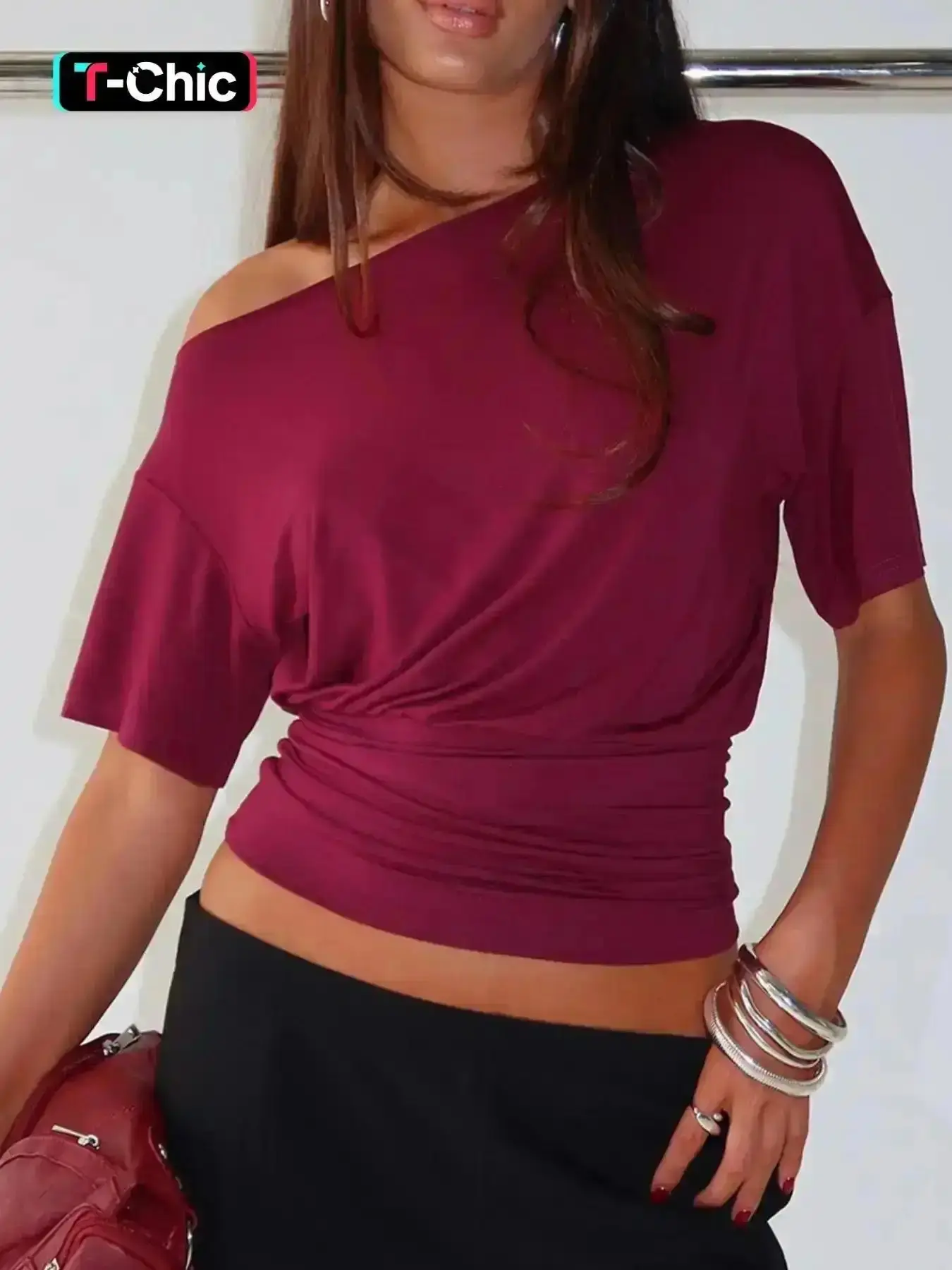 Women's Cinched Waist Asymmetrical One Shoulder Slim Fit Crop Top Sexy Casual Solid Off The Shoulder Cropped T-Shirt, Breathable Summer Tops, Trendy Streetwear Shirts, Everyday Comfortable Tees