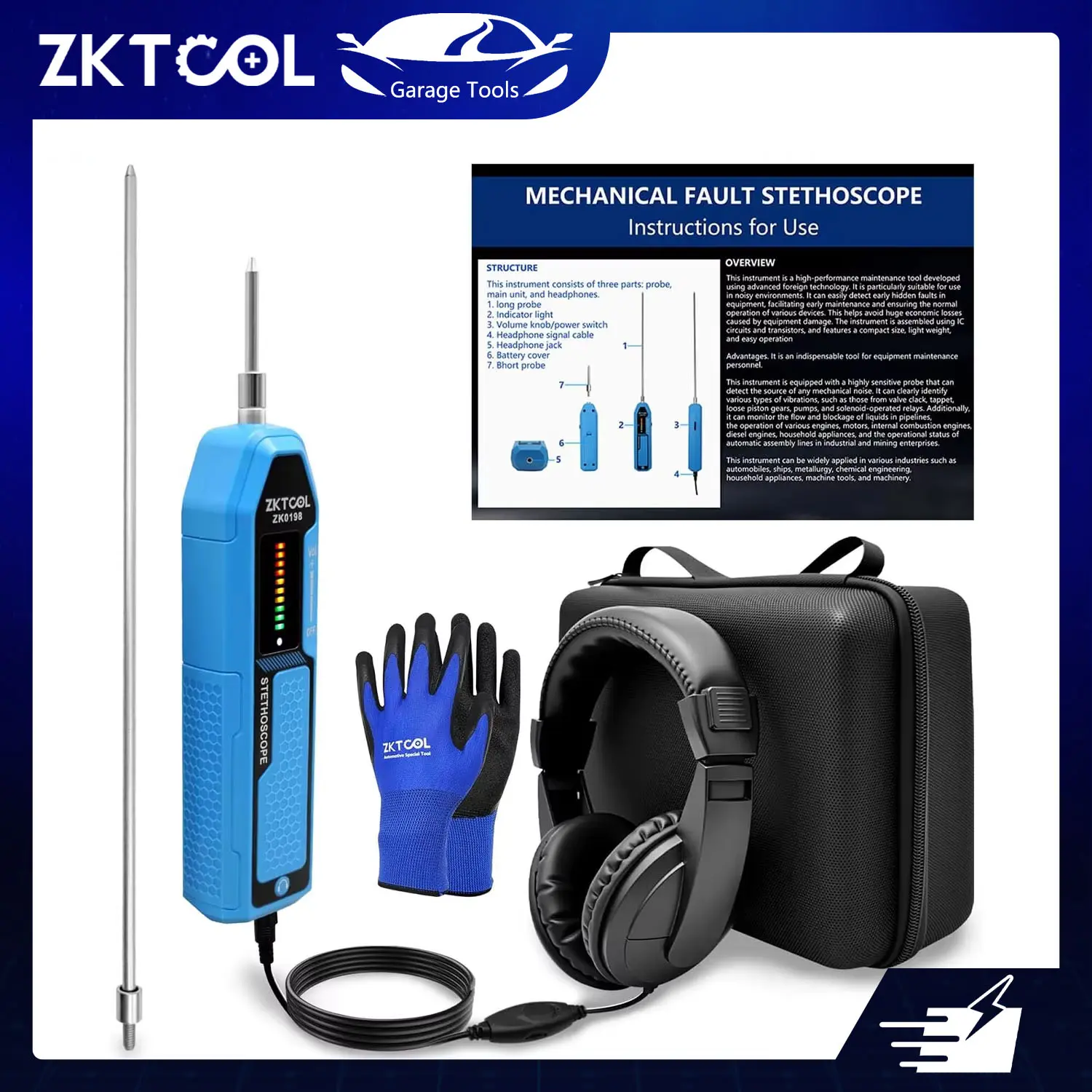 Electronic Mechanic Stethoscope Diagnostic Device Kit EM410 Automotive Engine Noise Finder Tester Long Short Probe Headphone