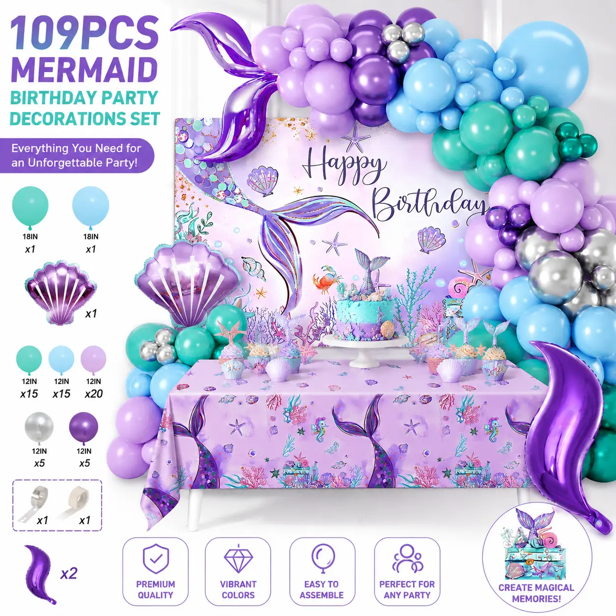 109-Piece Mermaid Tablecloth Backdrop Set - Purple Shell Foil Decor, Latex Balloons, Tail-Shape Ornaments - Girls' Birthday Festive Home & Party Supplies, Balloon Backdrop, Balloon Backdrop Balloons