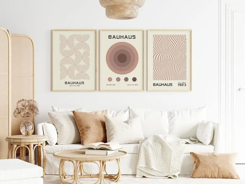 Bauhaus Wall Art Set of 3, Bauhaus Exhibition Poster - Pink Blush Abstract Poster, Bauhaus Decor, Gallery Wall Set, Retro Decor