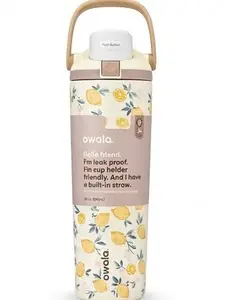 Owala Lemon Print 30oz FreeSip Water Bottle With Built In Straw Leak Proof Insulated Stainless Steel Cup for Travel Sports Daily Use