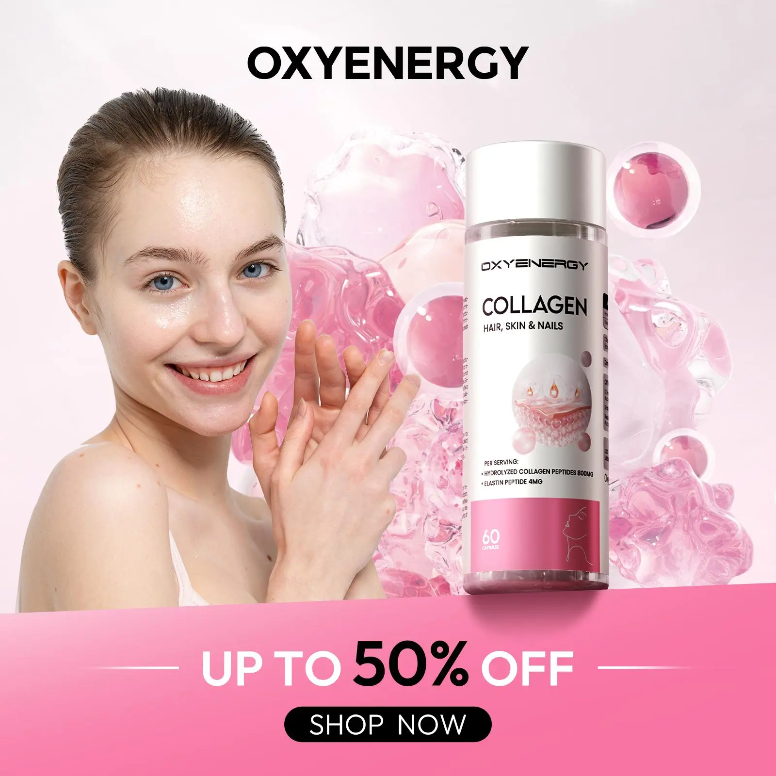 Oxyenergy Collagen Beauty Capsules,for Skin,Hair, and Nails,Dual Peptides,Marine Collagen,60 capsules/bottle Healthcare Dietary Fitness Edible Colagen Supplement
