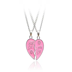 Matching Split Heart Necklaces for Sisters & Best Friends, Big Sis Little Sis BFF Pendant Jewelry Set, Pink Enamel Friendship Necklaces for Birthday Gift