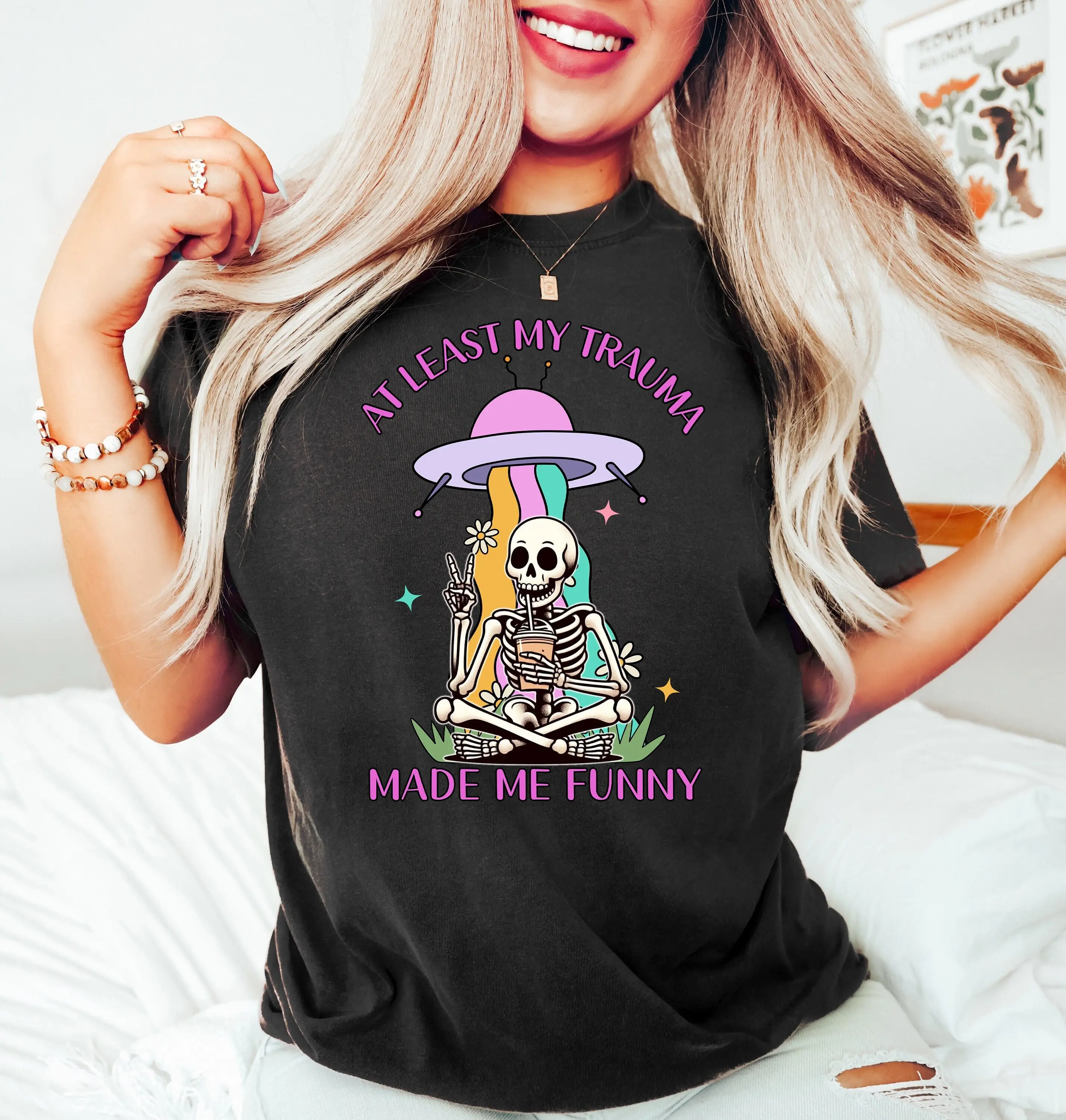 Mental Health T Shirt Hoodie Sweater At Least My Trauma Made Me Funny Shirt Anxiety Shirt Funny Skeleton Meme Shirt Sarcastic T Shirt