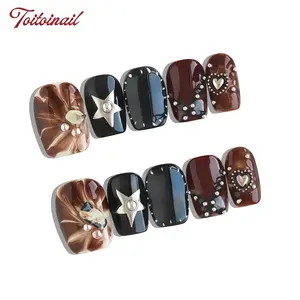 Star Heart Handmade Press-On Nails, Short Square Shape, 10pcs, Nail Art Decoration, Nail Art Design, Spring Summer Trending Black Brown Marble Star Heart Rivet, Y2K Aesthetic & Baddie Nails, High Gloss Mirror Finish, Reusable DIY Manicure Kit