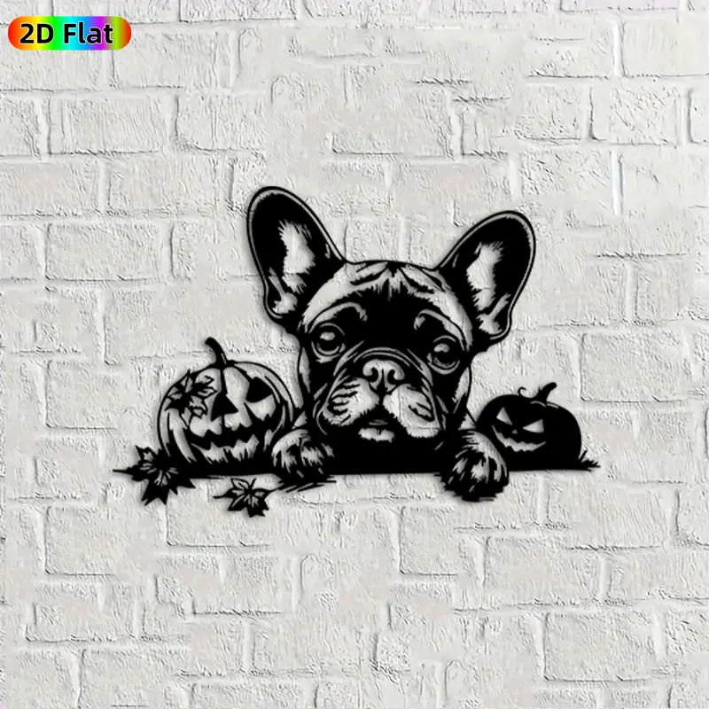 1pc French Bulldog & Jack-O'-Lantern Metal Wall Art, Adorable French Bulldog Statue Mural, Ideal Gift for Halloween, Thanksgiving, Pet & Halloween Decor Enthusiasts,  Perfect for Indoor Wall & Outdoor Fence Halloween Enthusiasts