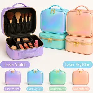 TikTokShopBlackFriday Behaesty Holographic Makeup Bag with Adjustable Compartments Travel Cosmetic Organizer Waterproof Zip Macaron Colors PU Leather Shimmer Finish Zipper