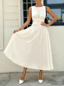 A women's white sleeveless round-neck waist-cinching knot-style long skirt dress, Formal Dresses, suitable for summer, suitable for dating, daily, vacation, party and other occasions.