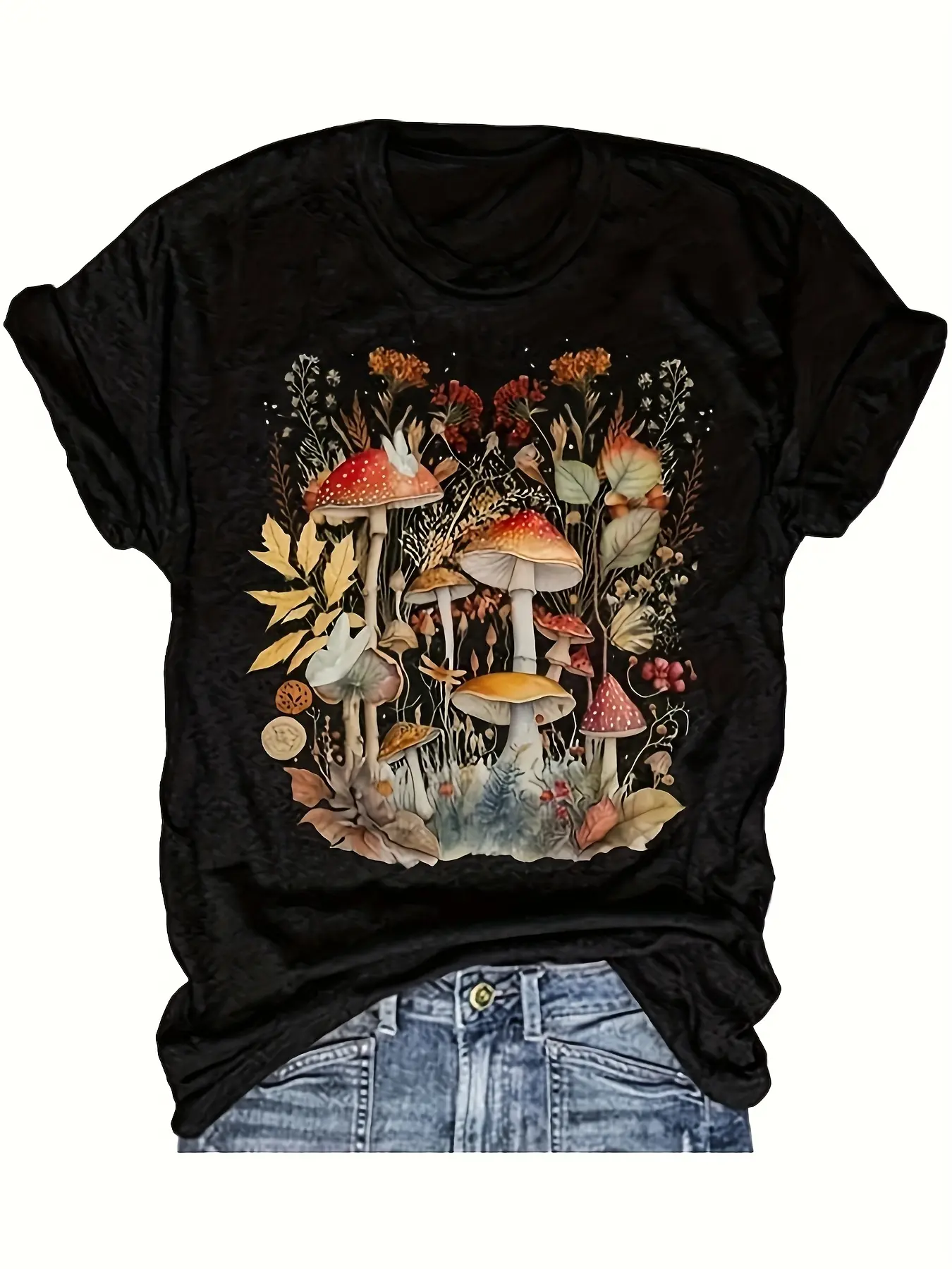 Wo'S Vintage Mushroom Print T-Shirt |   Soft Stretch Short Sleeve Round Neck Casual Top with Forest Foliage and Mushroom Patch Design (Red/White) - Breathable Elastane for Spring Summer Fall - Boho Forest Theme Blouse