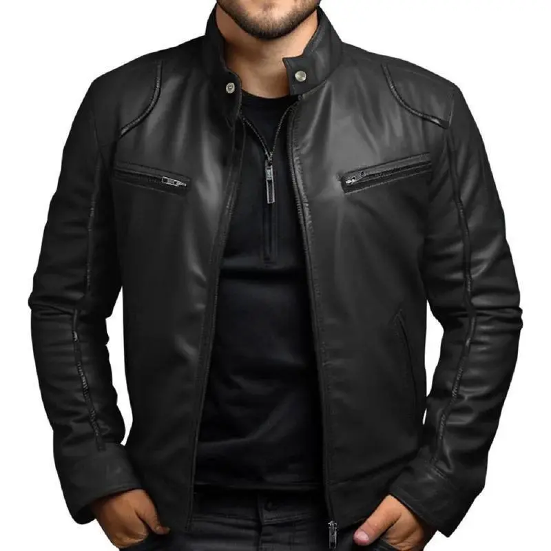 Men's Beige Punk Style Biker Moto Leather Jacket with a Stand-Up Collar, Casual Outerwear with Longsleeves