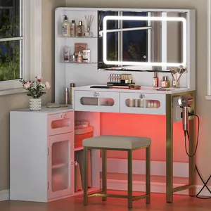 Color Changing LED Vanity Desk with Ambient Lighting, High-Capacity Makeup Station with Stool