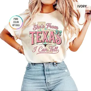 Women's Short-Sleeve Floral Texas Map T-Shirt - Essential Lightweight Fabric Style, "She's From Texas I Can Tell" Graphic, Coquette Western Tee, Southern Girl Gift