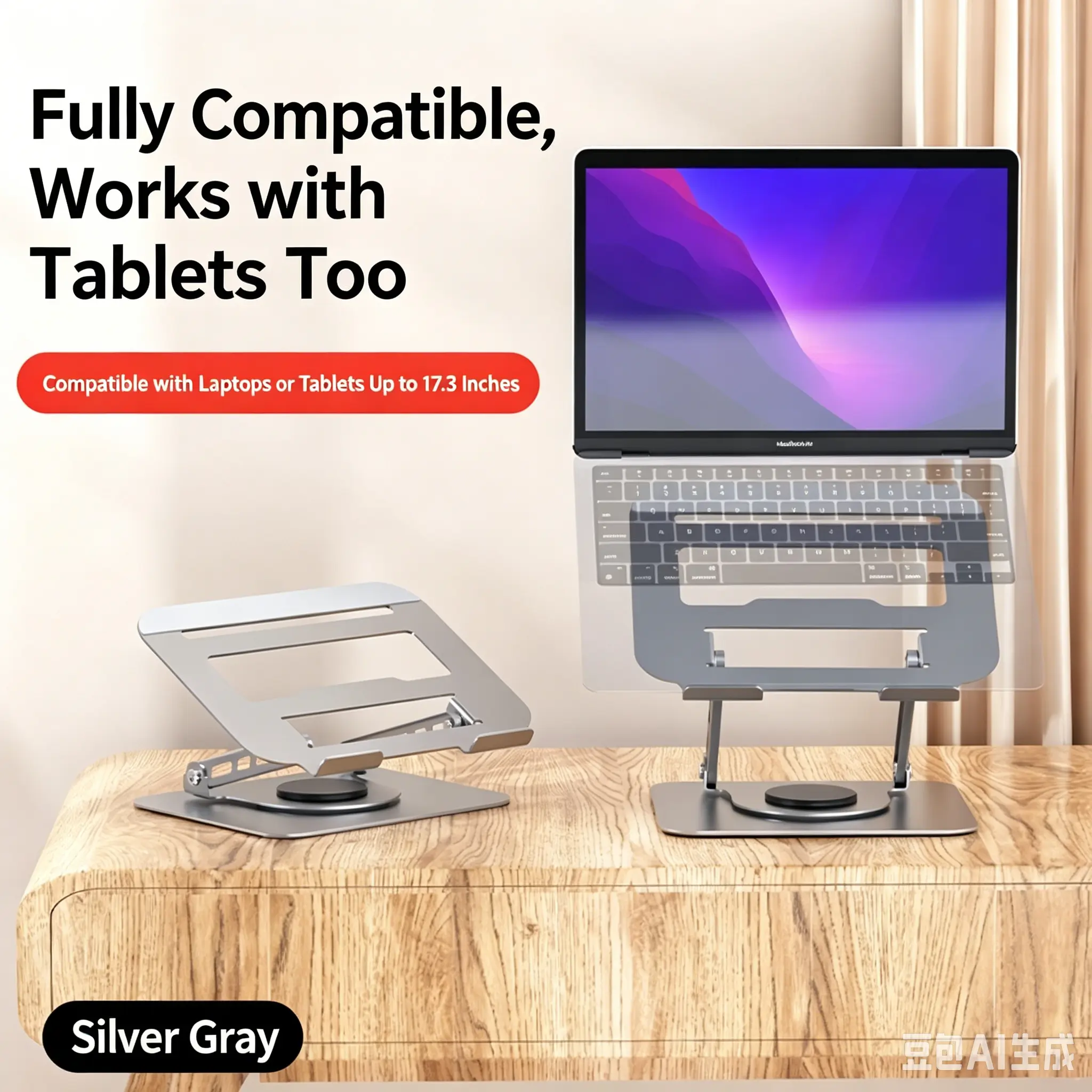 Adjustable Aluminium 360° Rotating Dual-Arm Laptop Stand - Minimalist Computer Desk Holder, Ergonomic Adjustable Viewing Angle, Foldable Space-Saving, Compatible with 11-17.3 Inches Laptops, Tablets, E-Readers, MacBook, iPad for Home Office Use